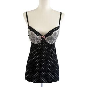 Vintage Black & White Polka Dot Lace Trim Camisole Top Lingerie Size Large